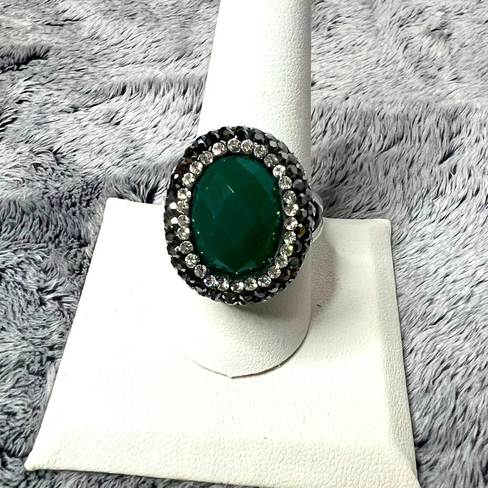 Vintage JCM Stainless Steel Green Faceted Crystal Cocktail Halo Ring Size 10